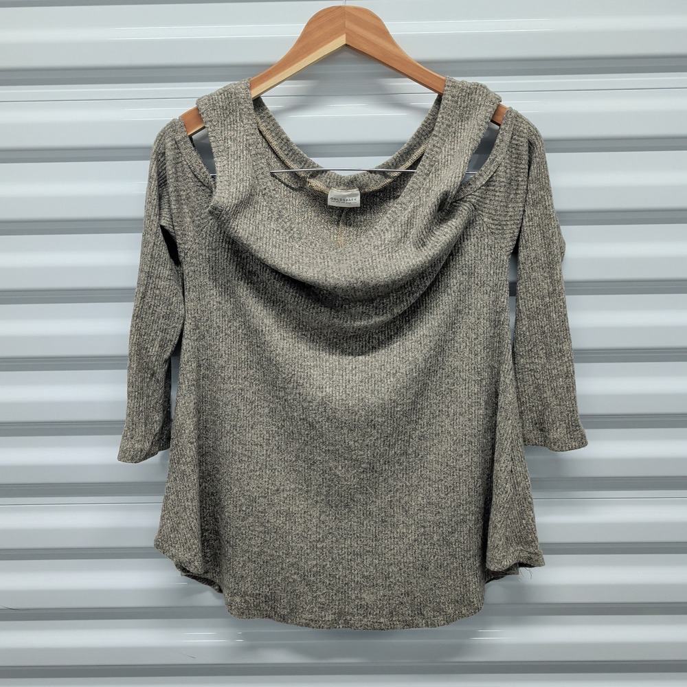 Goldspark Cold Shoulder Top Size M Womens Gray Ribbed Cowl Neck 3/4 Sleeve GT264